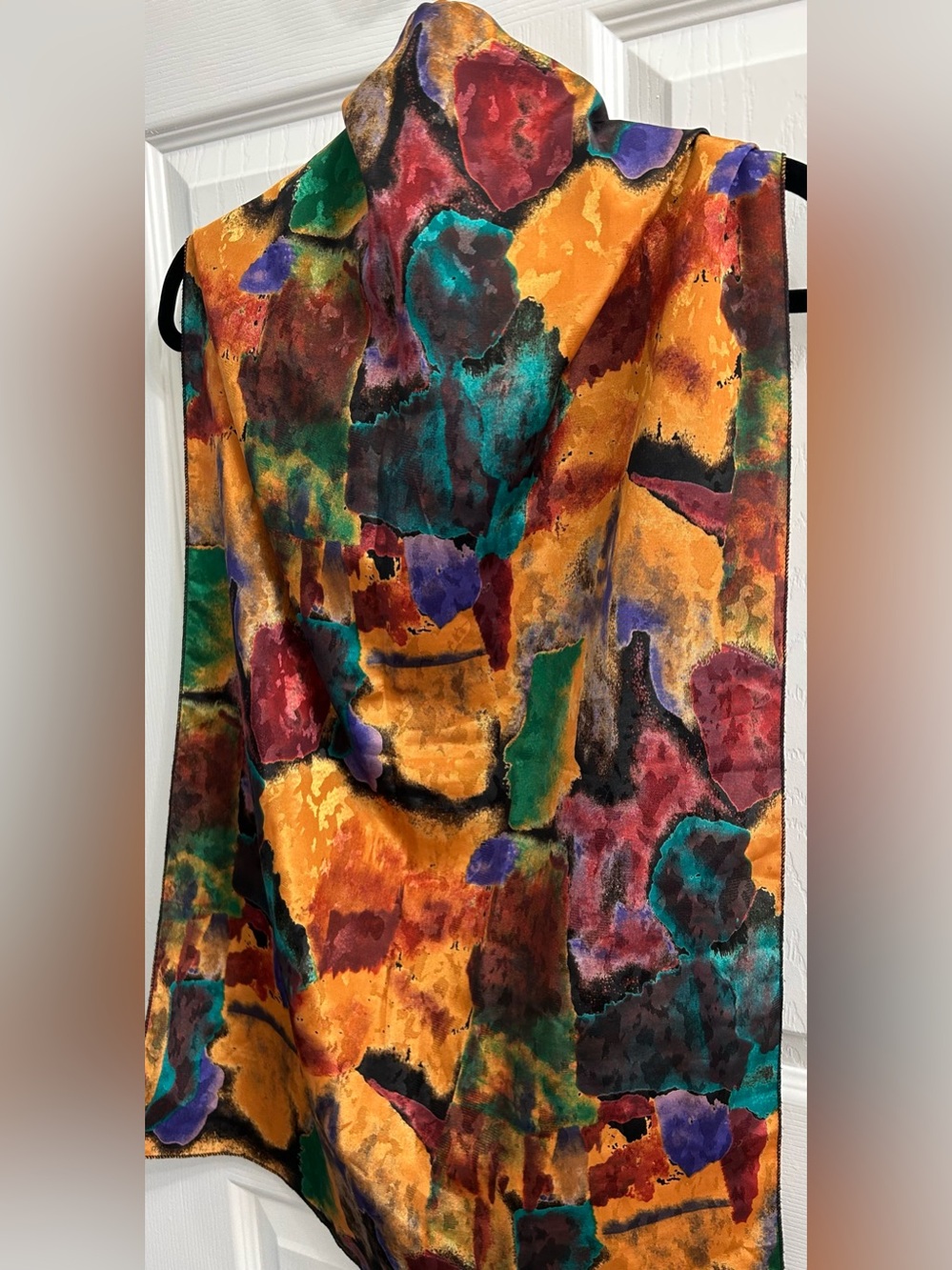 Abstract Multi-Color Satin Scarf — Vibrant Yellow & Jewel Tones